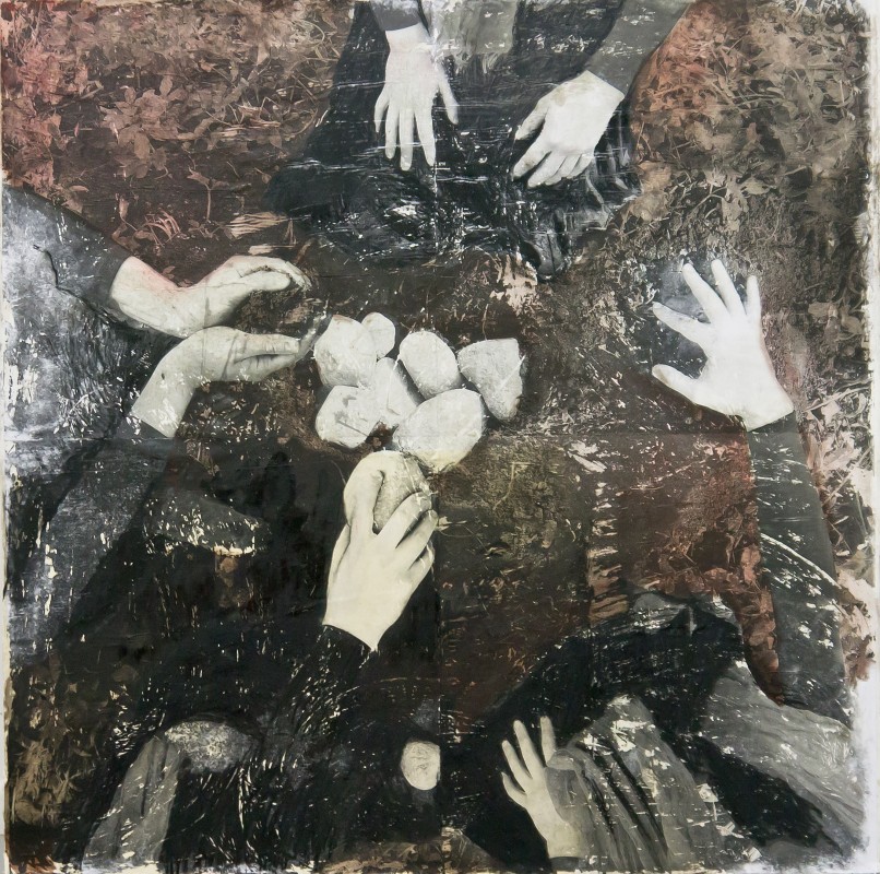 Labor, 2014, Photo-montage Mixed Media and Found Fabric on Panel. 48 in x 48 in