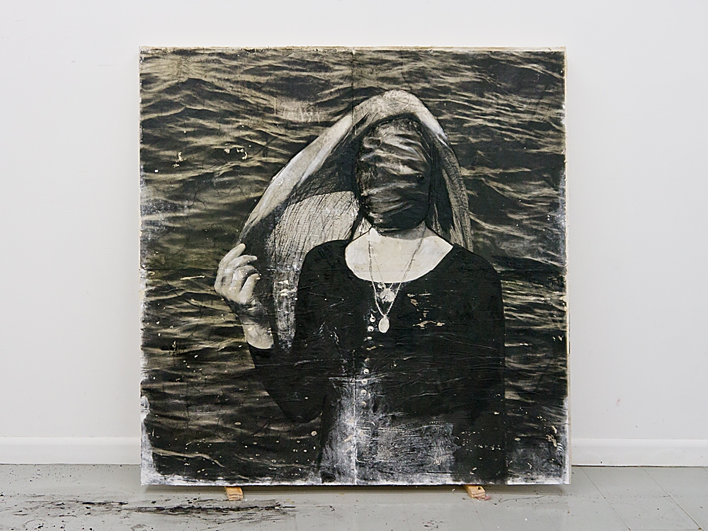 THROUGH THE VEIL, Photomontage Mixed Media, found fabric on panel, 2014, 48 IN x 48 IN