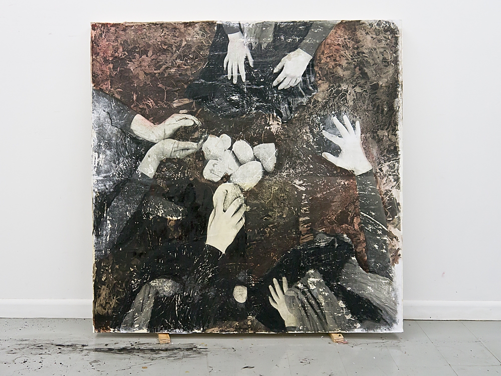 LABOR, Photomontage Mixed Media, found fabric on panel, 2014, 48 IN x 48 IN